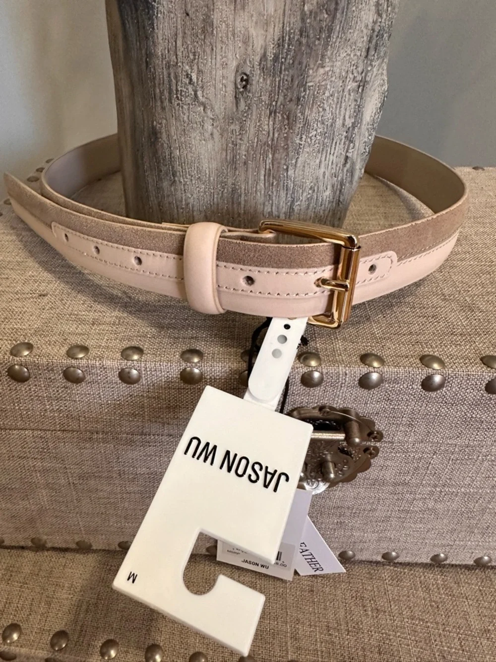 Jason Wu Two-Tone Beige & Suede Leather Belt with Gold Buckle - Picture 3 of 5
